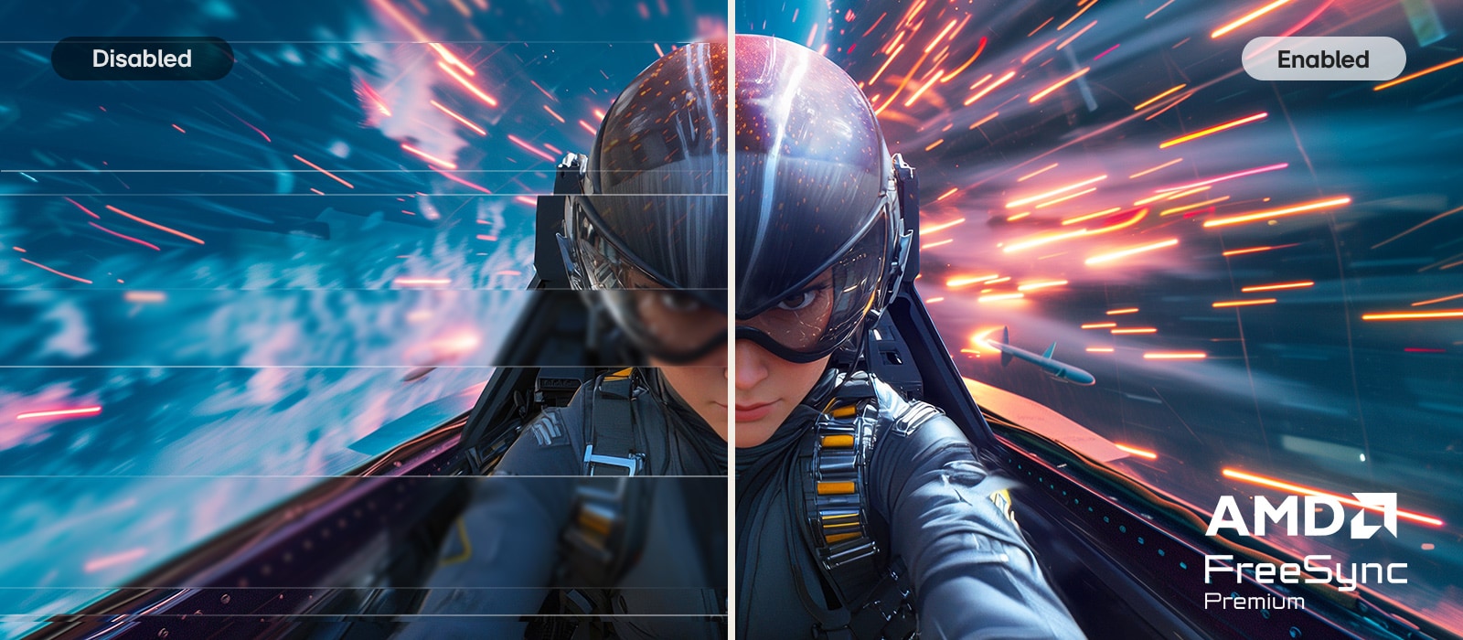 شاشة LG FHD توضح تقنية AMD FreeSync Premium مع مقارنة جنبًا إلى جنب للأوضاع المعطلة والممكّنة، مما يعرض انخفاض تمزيق الشاشة وحركة أكثر سلاسة لألعاب سريعة الاستجابة وغامرة.